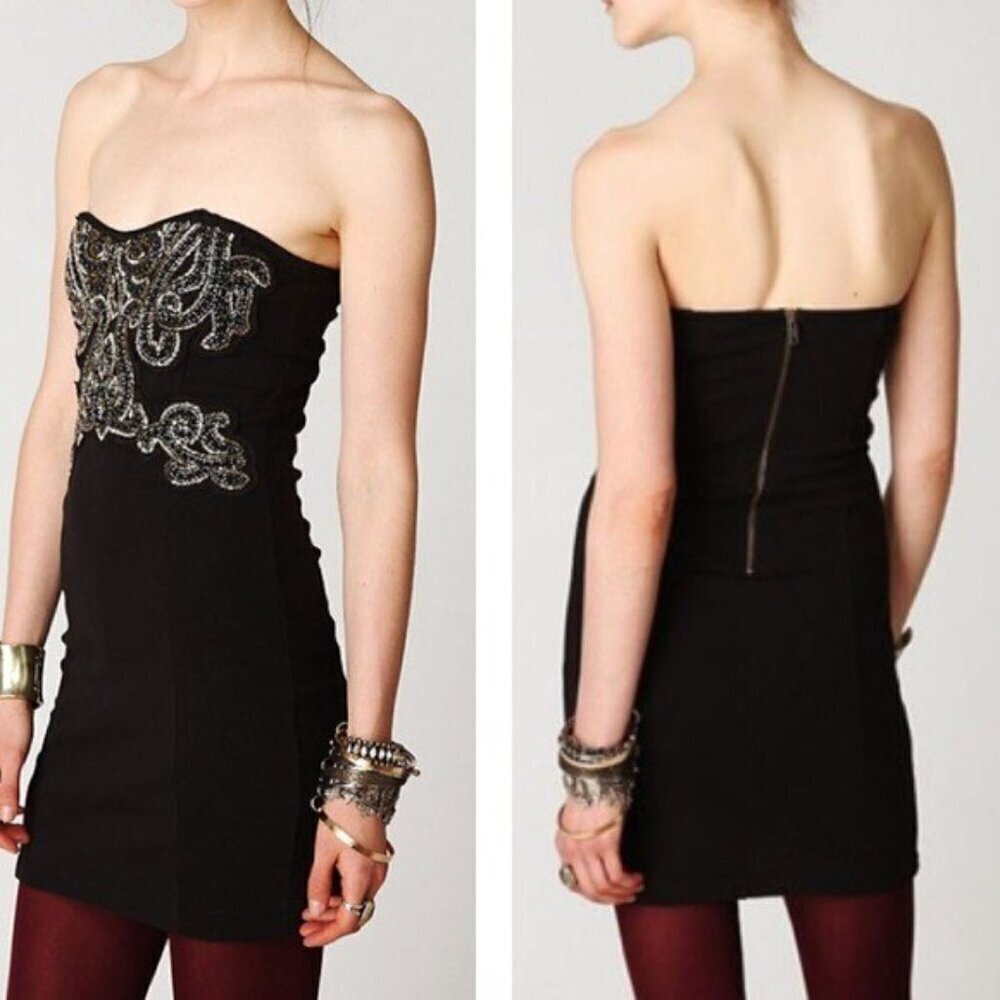 Free People New Dehli Mini Beaded Tube Dress in Black & Bronze Size Medium